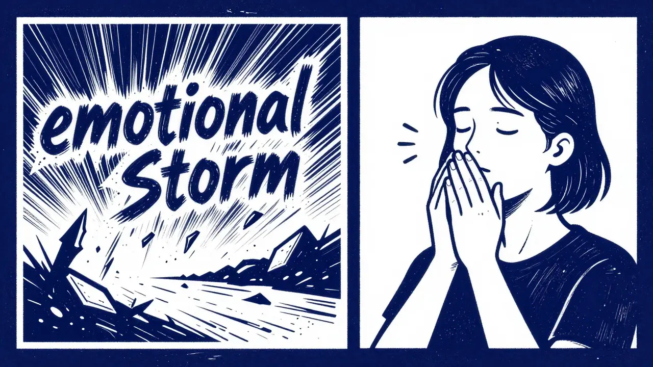 Srovnání emoční bouře a klidného dýchání v dřevorytovém stylu.