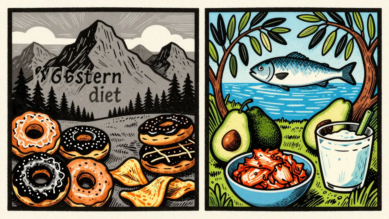 Srovnání zpracovaných potravin západní stravy s čerstvými potravinami středomořské stravy.