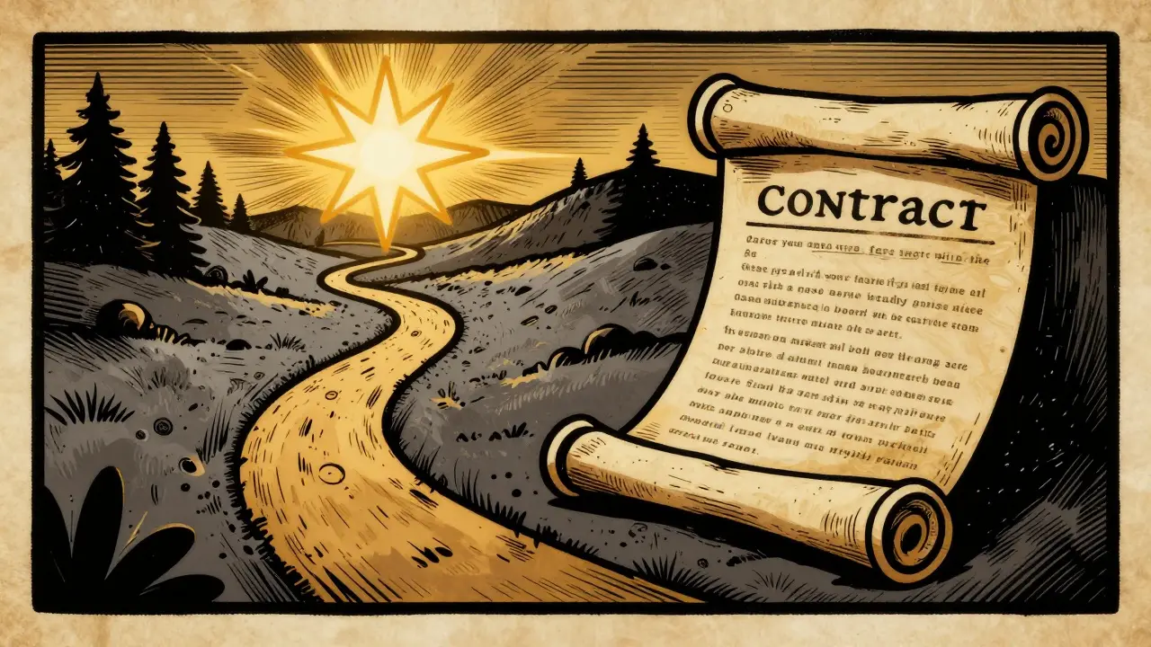 Stylizovaná mapa terapeutické cesty s rozvinutým svitkem smlouvy.