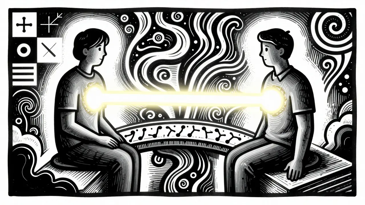 Terapeut a klient spojení mostem důvěry a empatie v stylu dřevorytu.