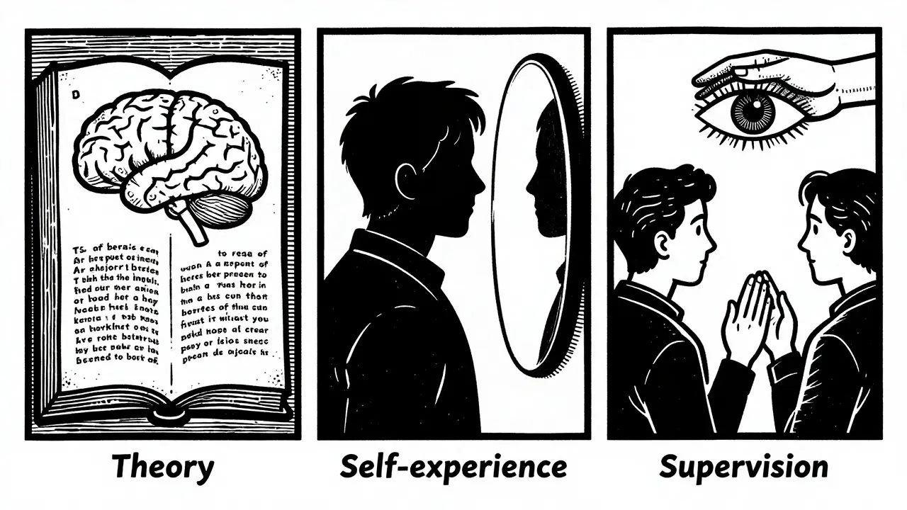 Tři pilíře výcviku: teorie, sebezkušenost a supervize v grafice řezbovém stylu.