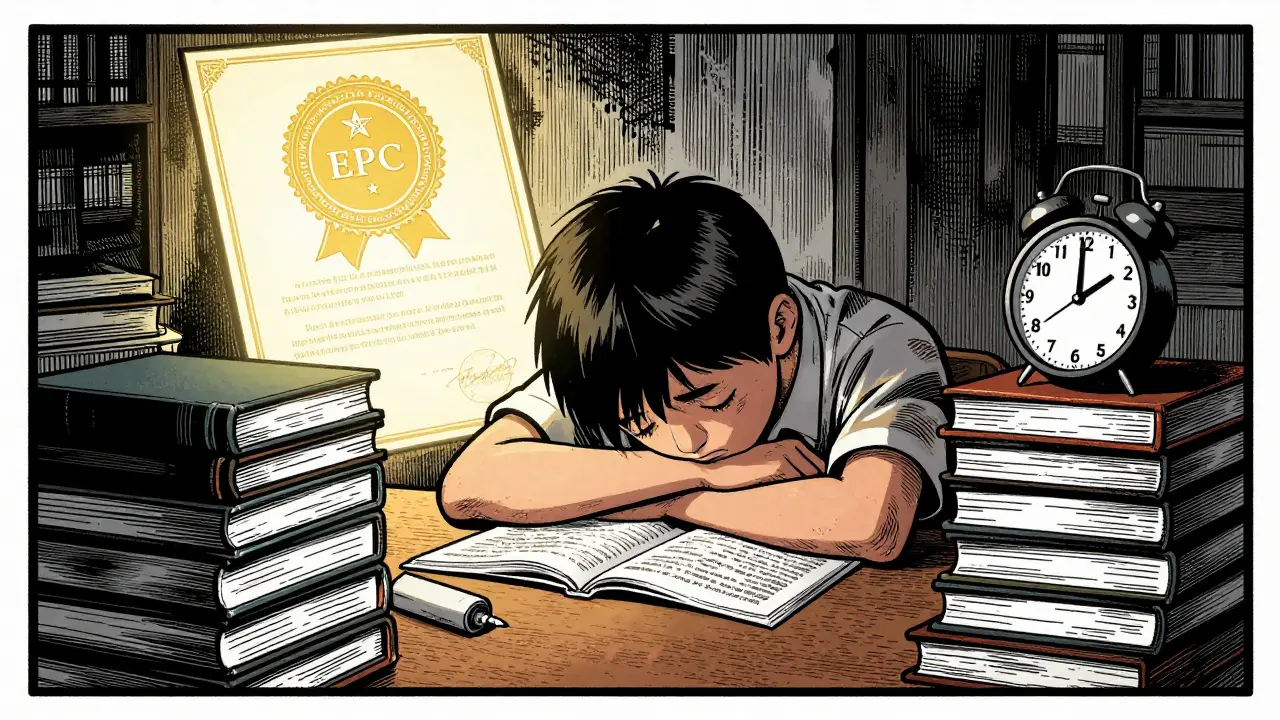 Unavený student u stolu s knihami, symbolizující dlouhý a náročný proces studia.