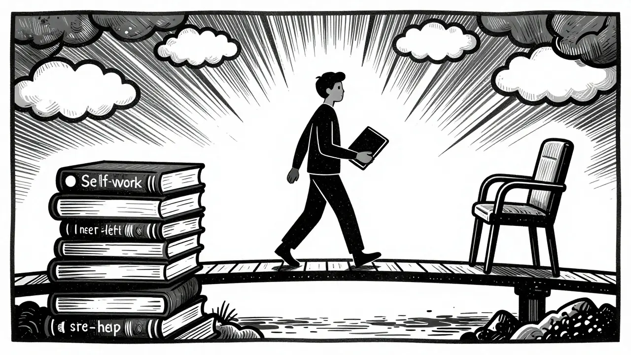 Most spojující self-help knihy a terapii, symbolizující integrativní přístup.