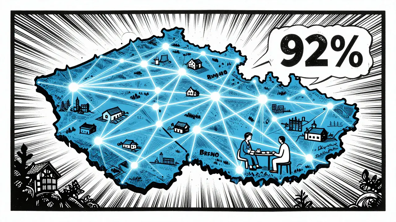 Telemedicína spojující regiony s odborníky v češtím dřevorytovém stylu