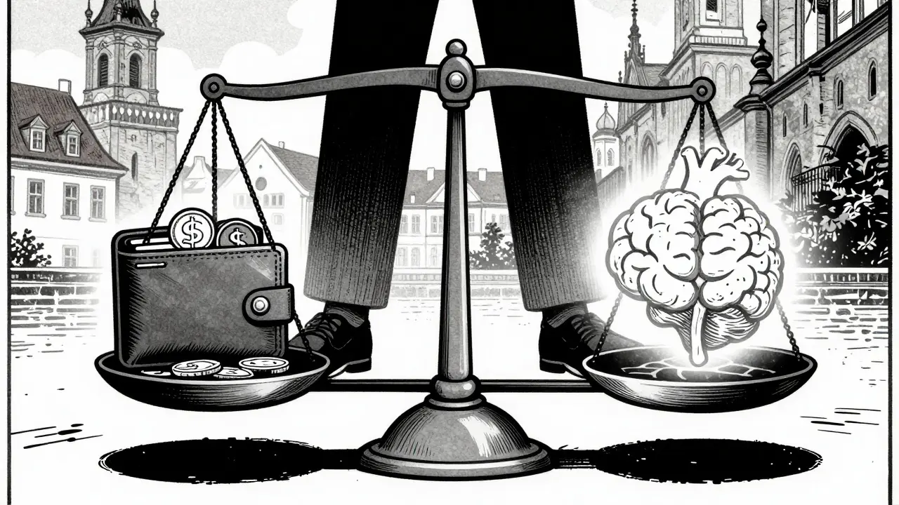 Váha vyvažující finanční náklady a duševní zdraví v komiksovém stylu