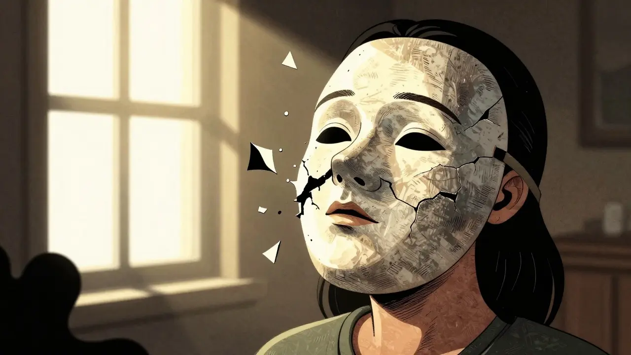 Člověk odhalující pravou tvář pod praskající maskou