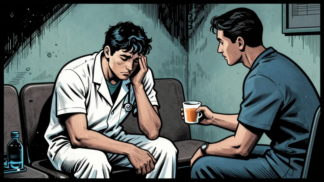 Colleague supports stressed healthcare worker in break room