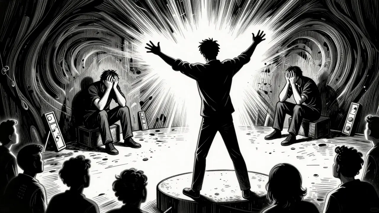 Dramatická scéna emocionální nestability v komiksovém stylu