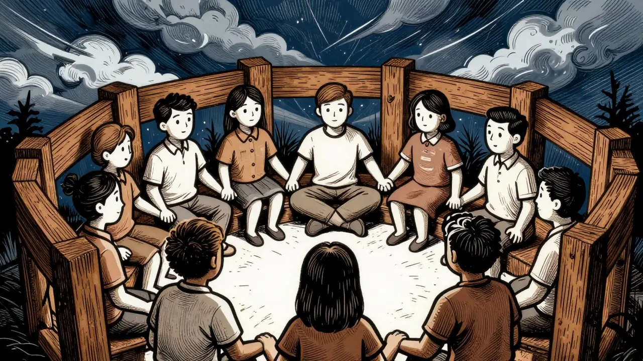 Dřevoryt komiks: Podpora rodiny a hranice proti chaosu