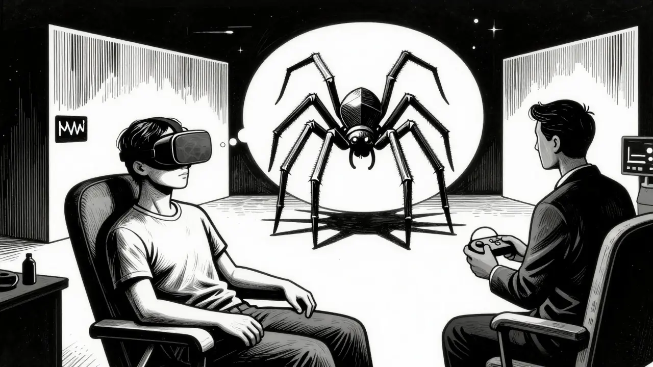 Ilustrace ve stylu komiksu: pacient v VR brýlích při terapii fobií