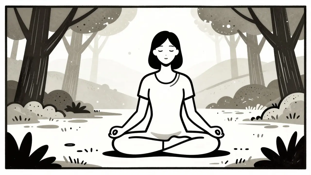 Klidná meditace a mindfulness jako řešení úzkosti v dřevorytu