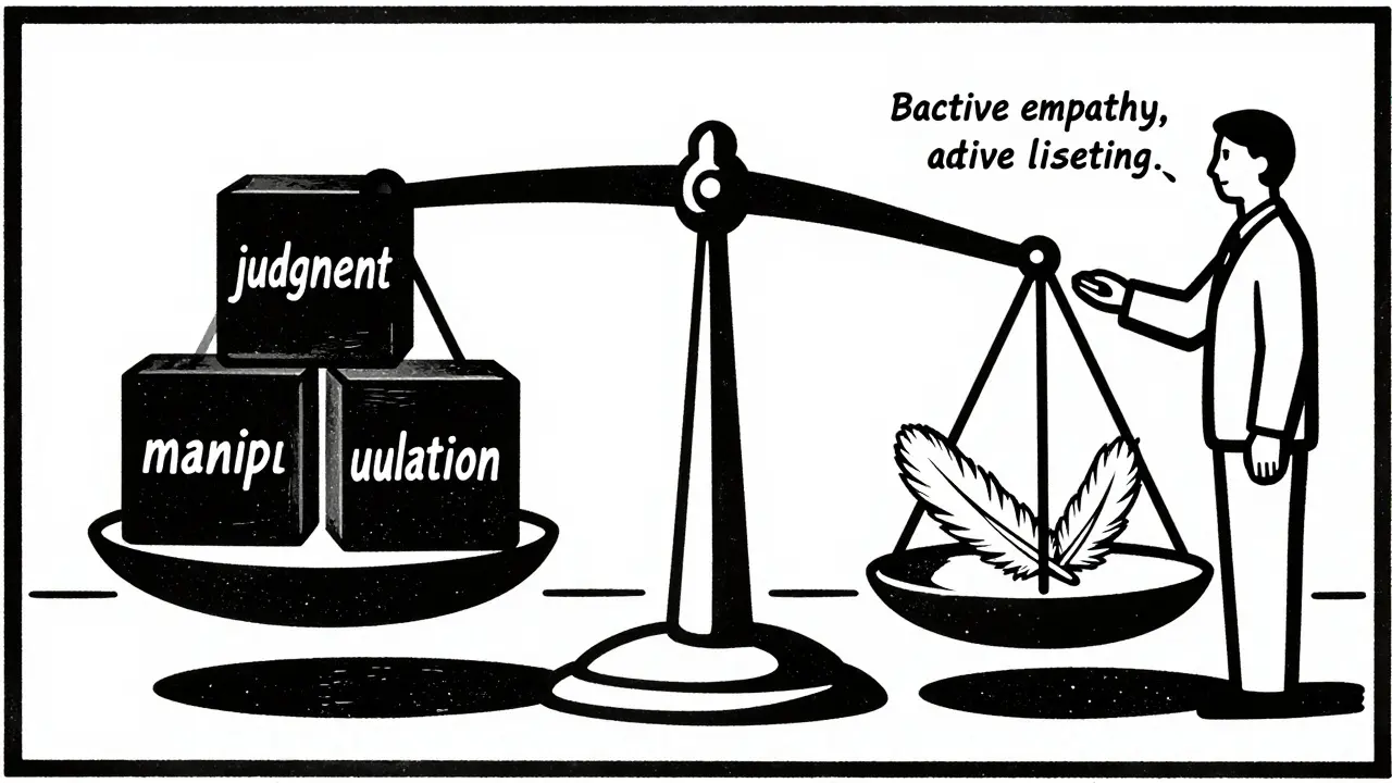 Symbolická váha empatie versus manipulace, dřevoryt