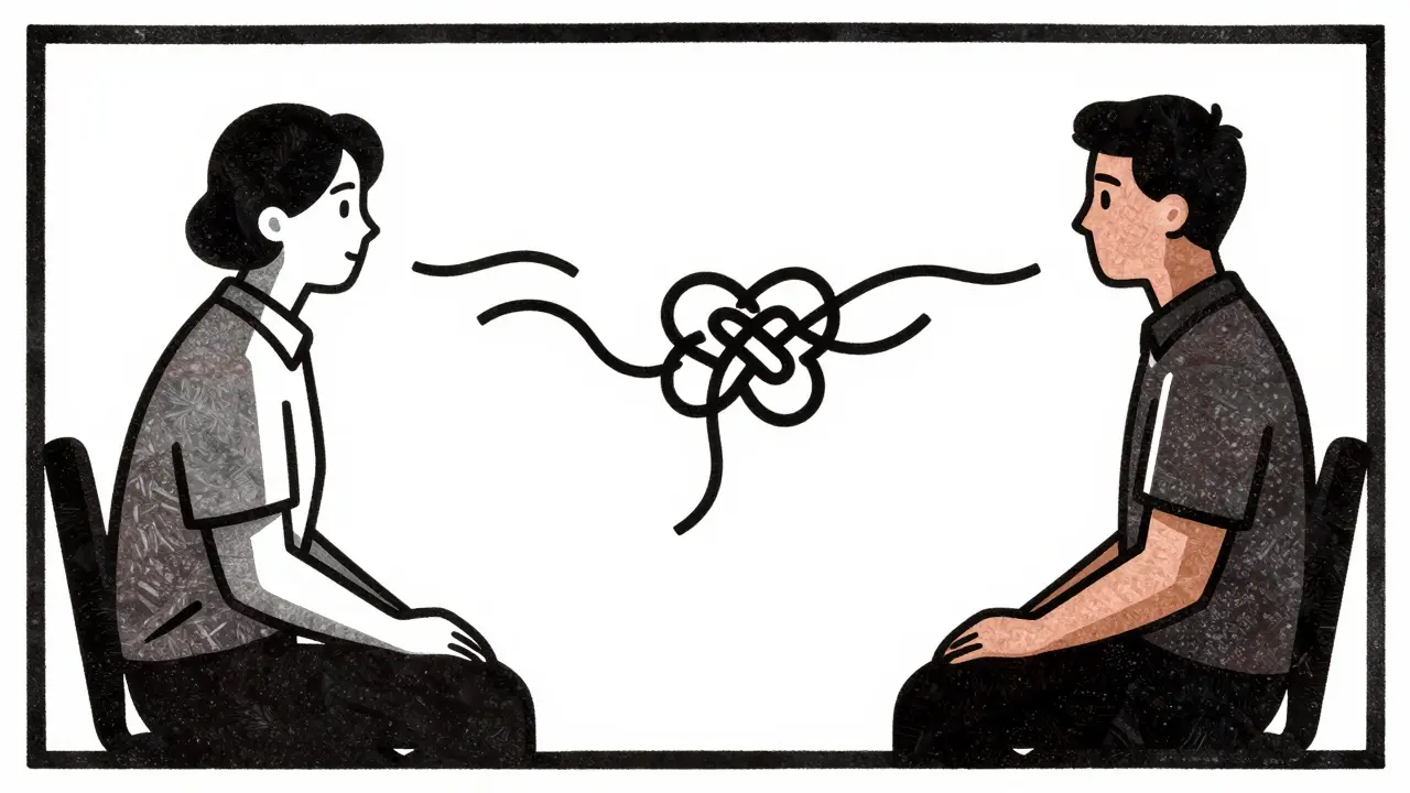 Terapeutická seance s vizuálními metafory rozplétajících se uzlů v komiksovém stylu.