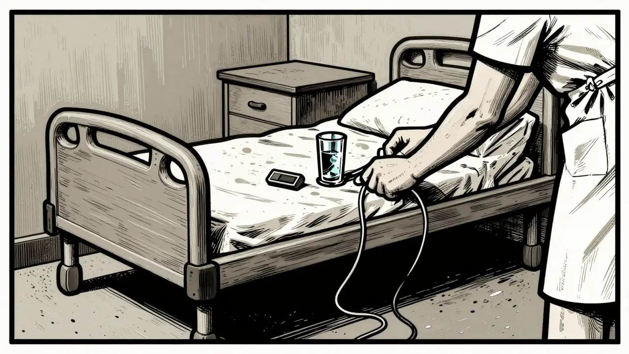 Bezpečnostní kontrola pokoje na psychiatrickém oddělení