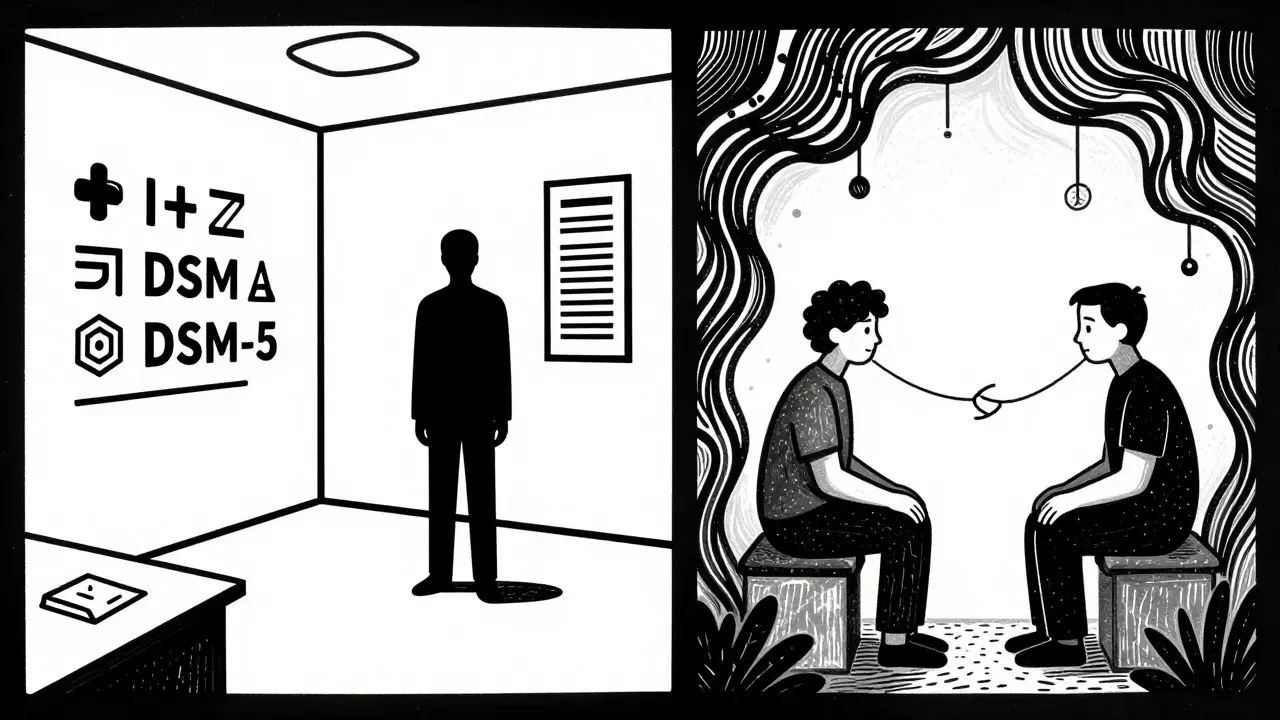 Kontrast psychiatrického a psychodynamického přístupu v dřevorytu
