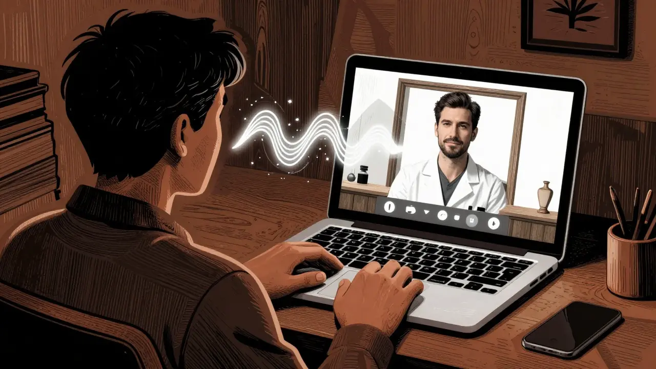 Online terapie s terapeutem na obrazovce ve stylu dřevorytu