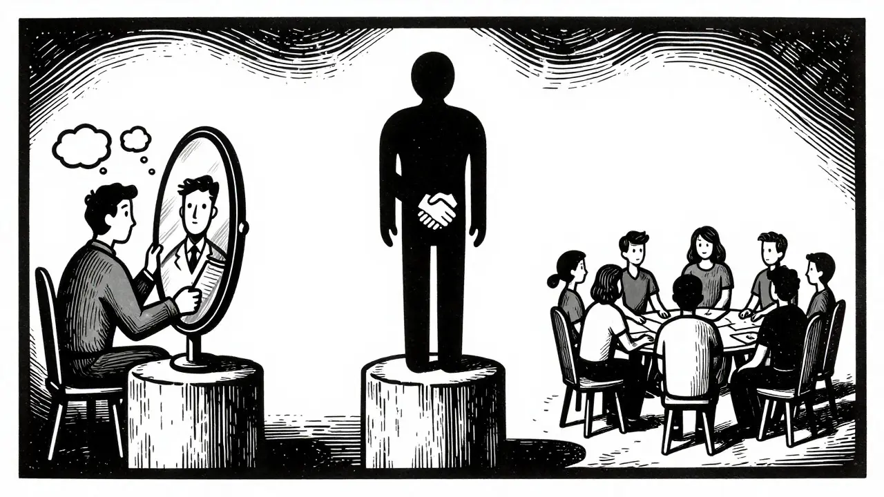 Tři pilíře podpory: terapie, práce a vrstevníci v komiksovém stylu