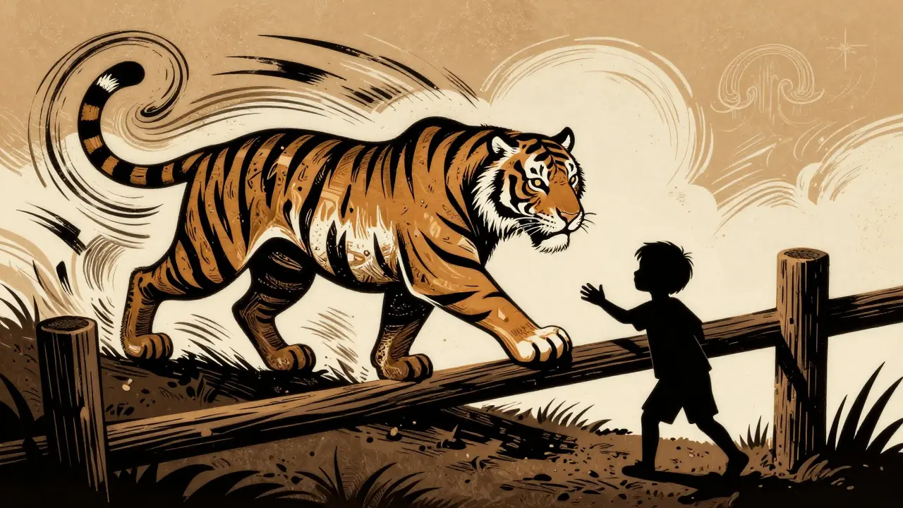 Tygr energie v ohradě pravidel, dřevorytová komiks scéna
