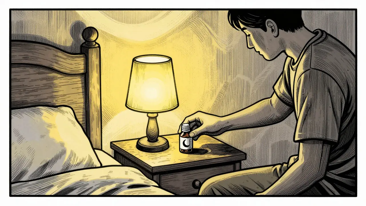 Klidná ložnice s láhví melatoninu a teplým světlem lampy