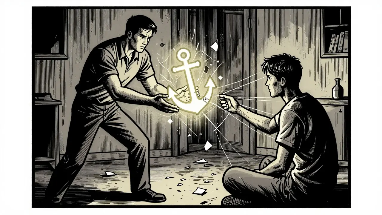 Komiksová ilustrace intervenčního pracovníka stabilizujícího klienta.