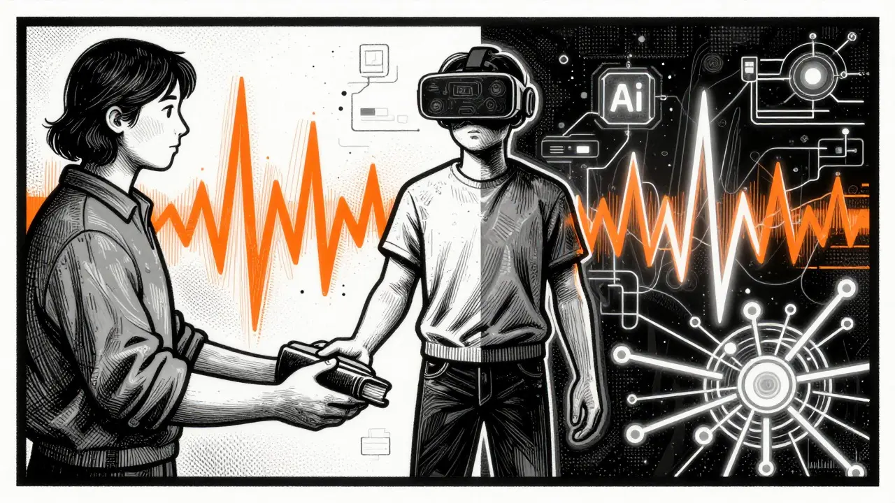 Koncept spojení technologie a lidského kontaktu při terapii