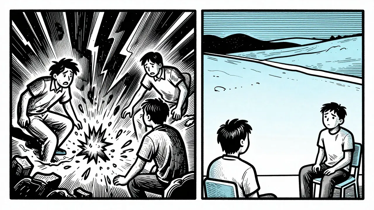 Kontast mezi bolestivým pokrokem a neúčinnou terapií ve stylu komiksu