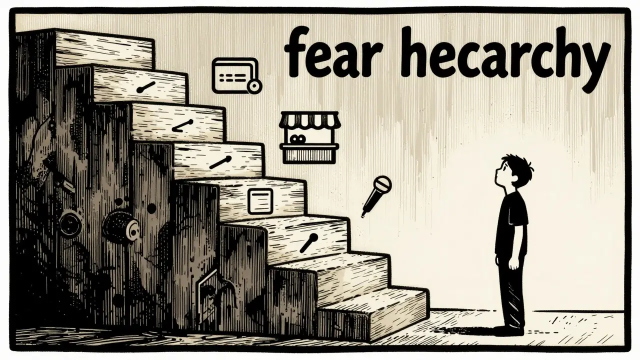 Schody hierarchie strachu při expoziční terapii v komiksovém stylu