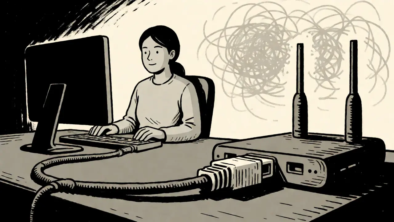 Stabilní připojení přes ethernetový kabel k routeru pro terapii.