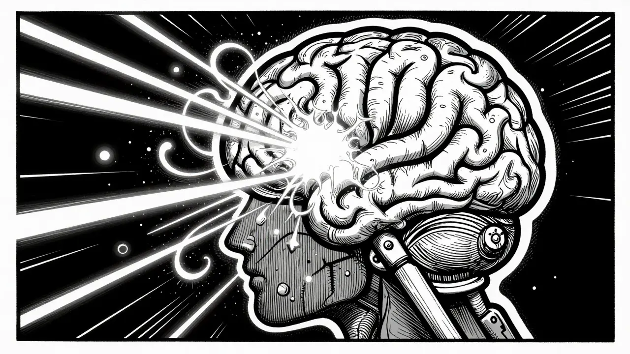 Stylizovaný mozek uvolňující neurotransmitery při pohybu