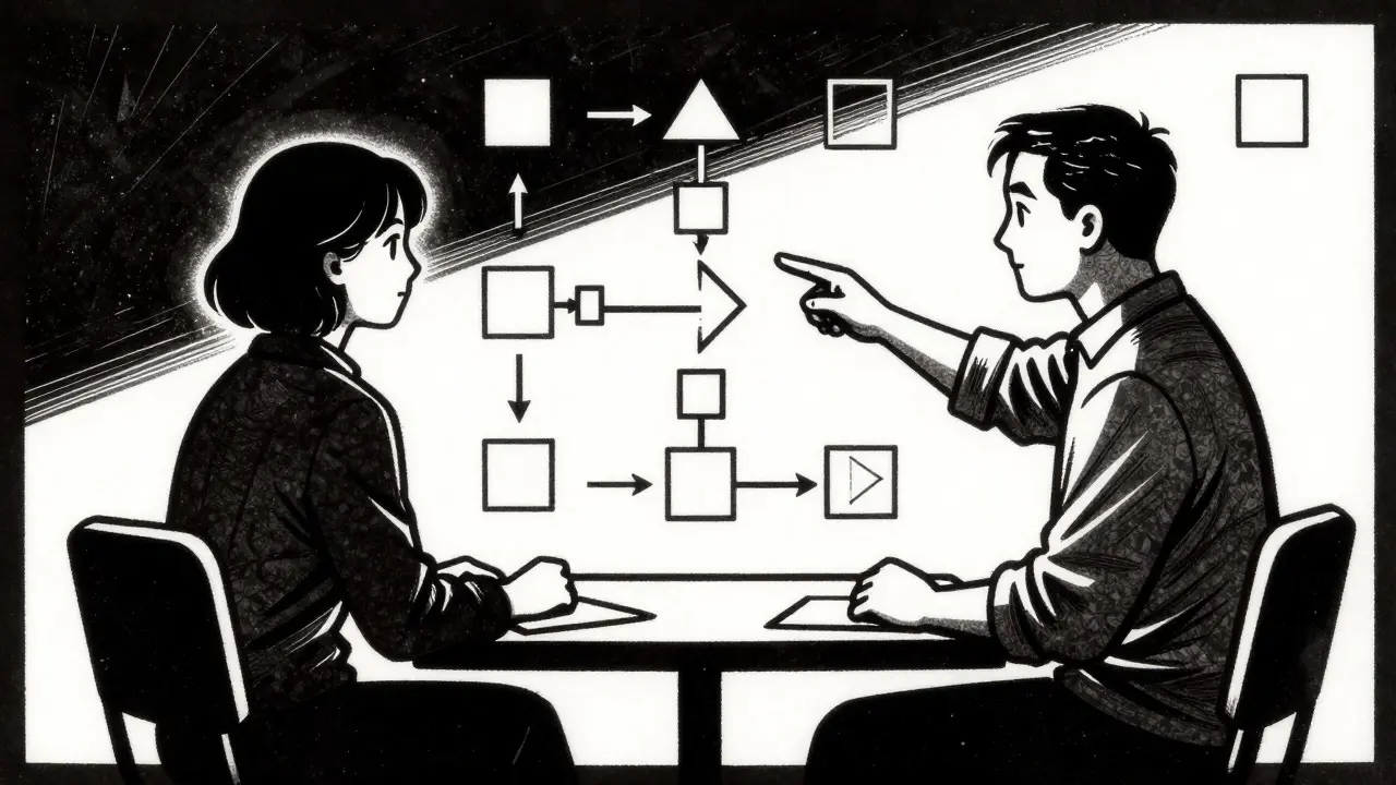 Terapeut a klient mapující strategii v dřevorysném stylu