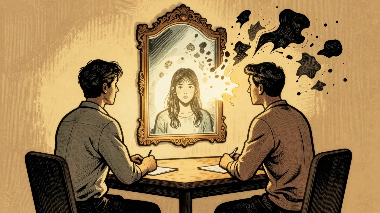 Terapeutická sezení s zrcadlem odrážejícím emoce v komiksovém stylu