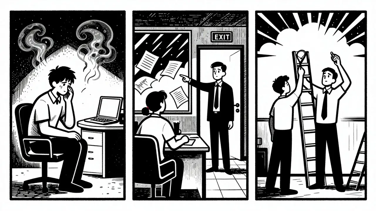 Tři scény ukazující práci terapeuta, poradce a kouče v komiksovém stylu