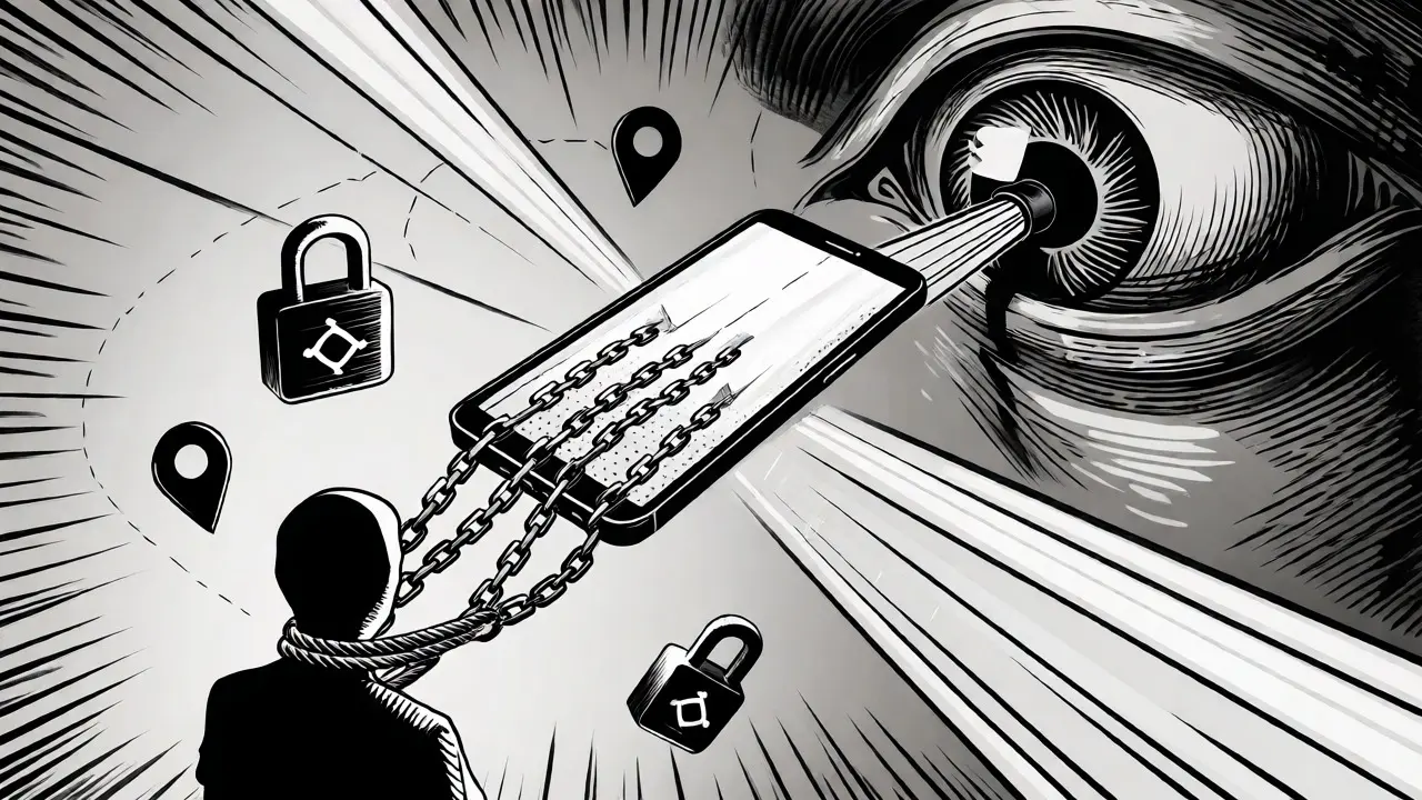 Chytrý telefon obklopený řetězy dat a symbolem sledování ISP.