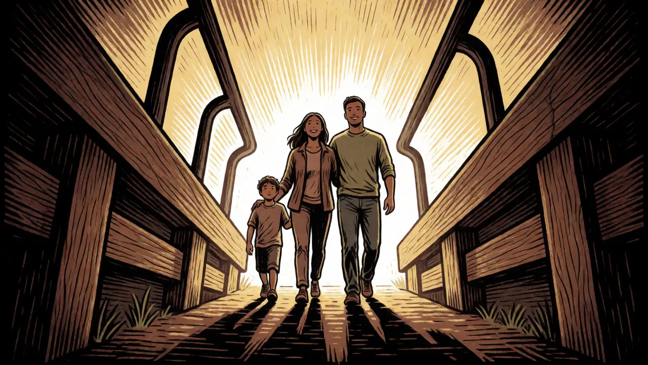 Family walking confidently from darkness into light, symbolizing progress.