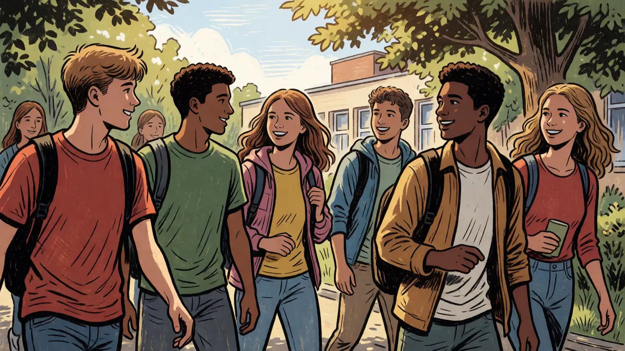 Group of happy teenagers walking together outdoors