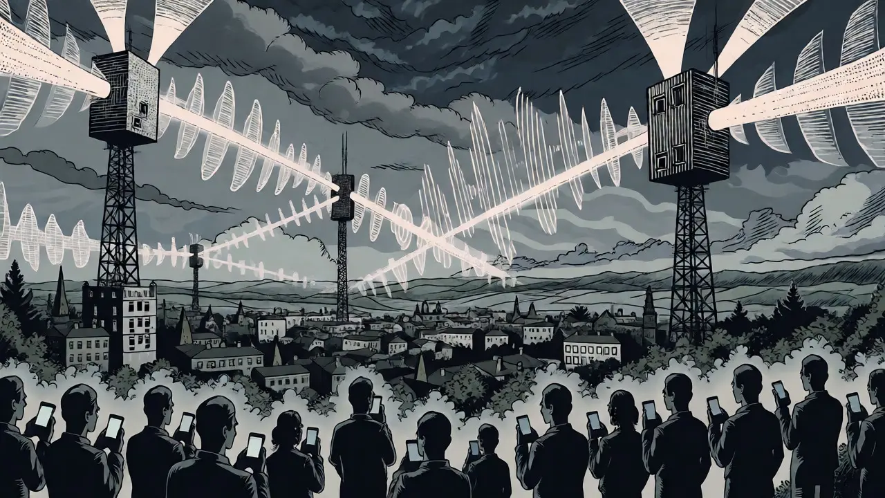 Město pokryté vlnami varování Cell Broadcast z vysílačů ve stylu komiksu.