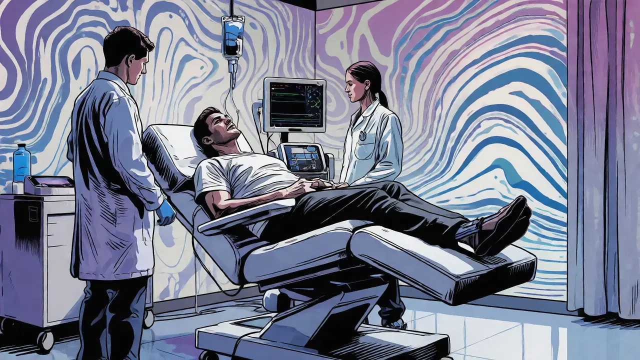 Pacient při ketaminové terapii s terapeuty v klinickém prostředí