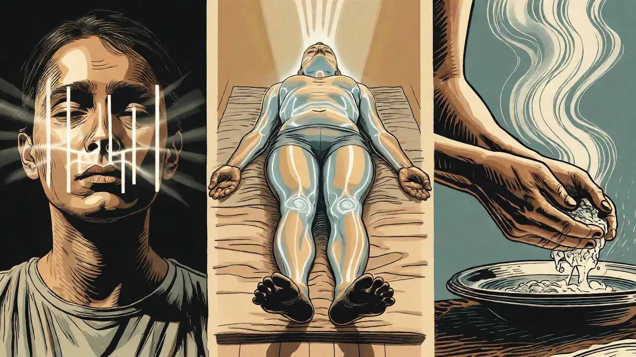 Triptych technik všímavosti: čtvercové dýchání, skenování těla a mytí nádobí.
