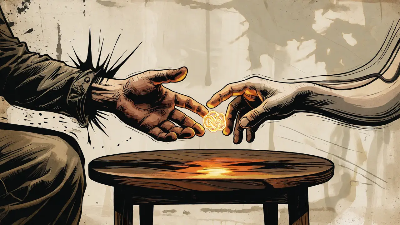 Close-up woodcut art of two hands reaching out, bridging the gap between anger and vulnerability in therapy.