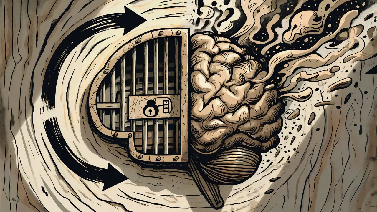 Dřevorytová ilustrace mozku v pasti cyklu omezování a přejídání.
