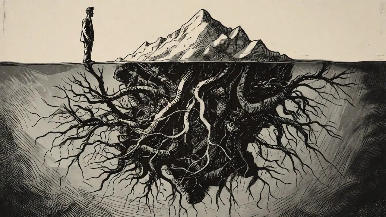 Ilustrace ledovce s mužem na povrchu a skrytými psychickými problémy pod hladinou