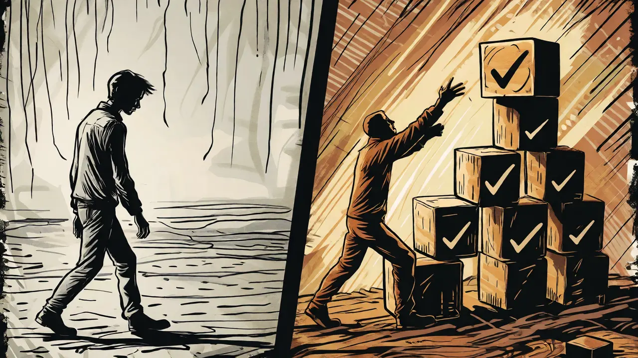 Kontrast mezi vzdálenou odměnou a postupným budováním cílů v komiksovém stylu