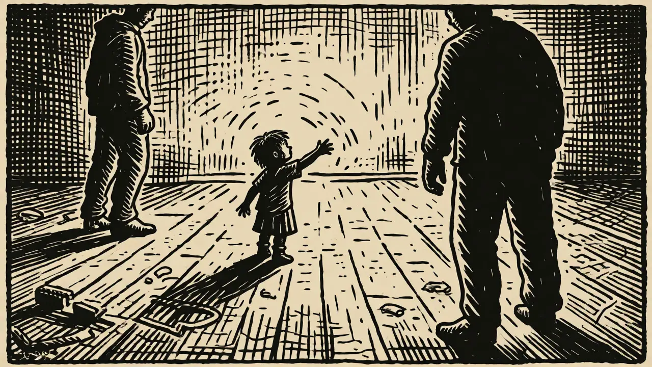 Lonely child reaching out to ignoring parents in a symbolic representation of childhood trauma.