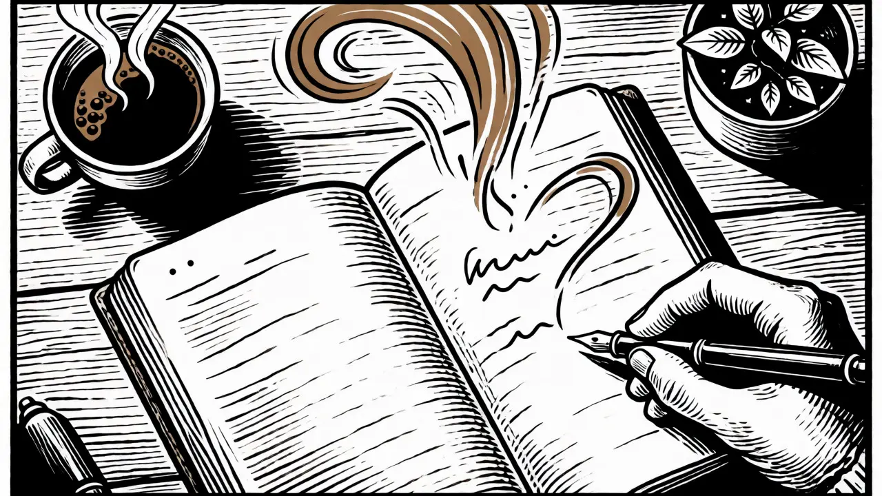 Ruka píše do deníku vděčnosti na dřevěném stole, detailní kresba ve stylu komiksu.