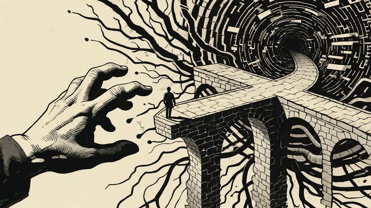 Surrealistická cesta křižovatkou mezi lidskou terapií a riziky AI halucinací.