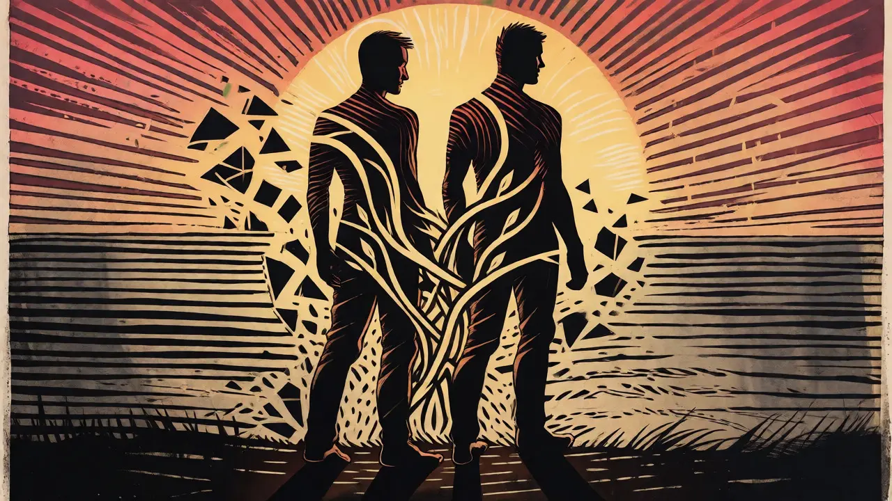 Symbolic woodcut image of a healed couple standing together, bound by strong vines against a rising sun.