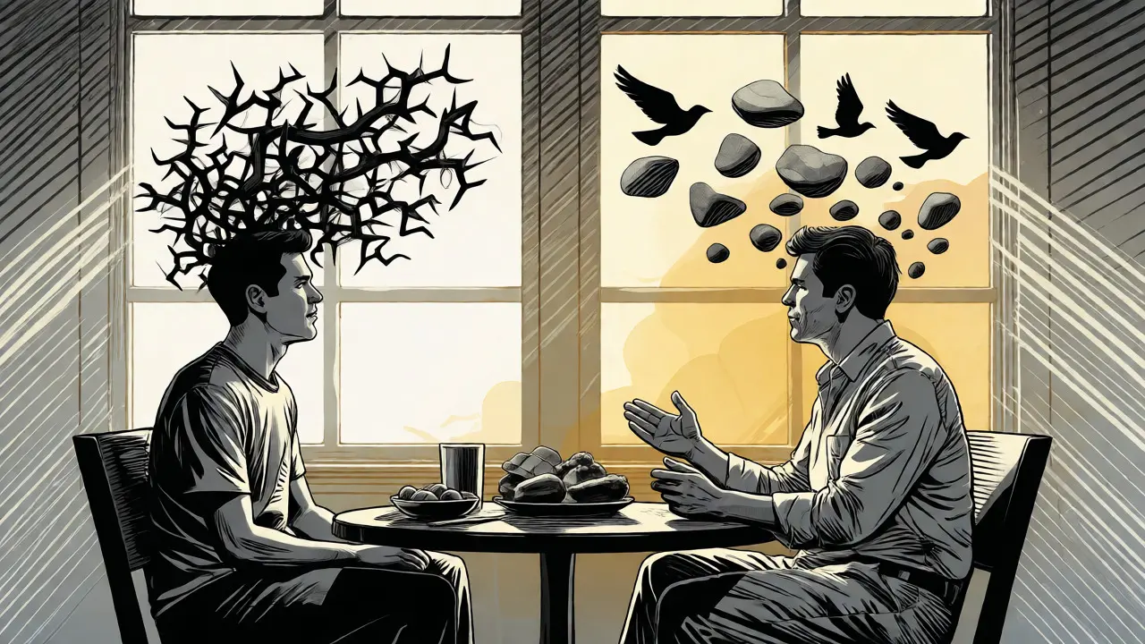 Terapeutická scéna ve stylu komiksu se symbolem uvolnění myšlenek.
