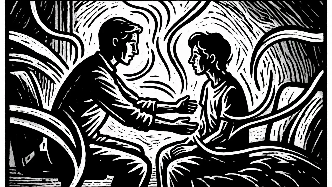 Terapeutická sezení s důrazem na dotek a tok energie v dynamickém komiksovém stylu