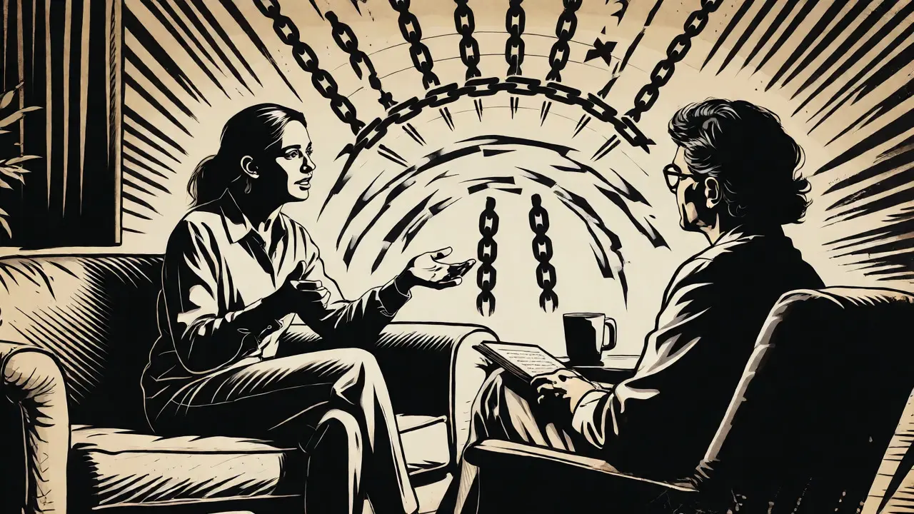 Žena na psychoterapii s terapeutem, ilustrace ve stylu komiksu.